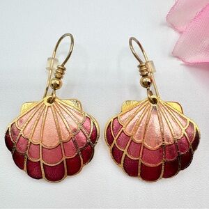 Vintage Cloisonne Clamshell Enamel Earrings Retro 80s Beach Resort Tropic
